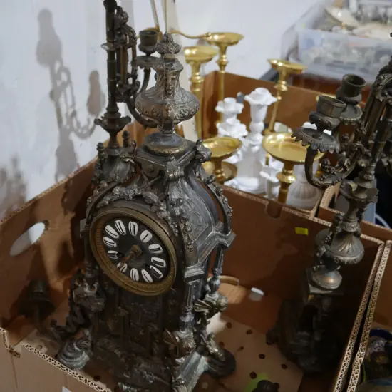 Mantle clock, candle holders A/F