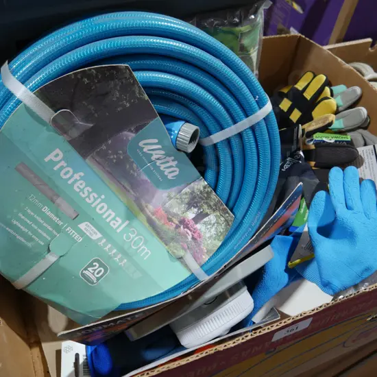 Assorted garden gloves, hose etc
