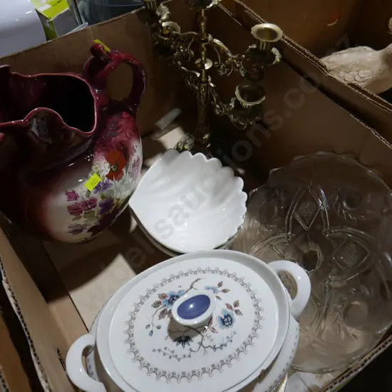 Brass candlestick, pottery etc