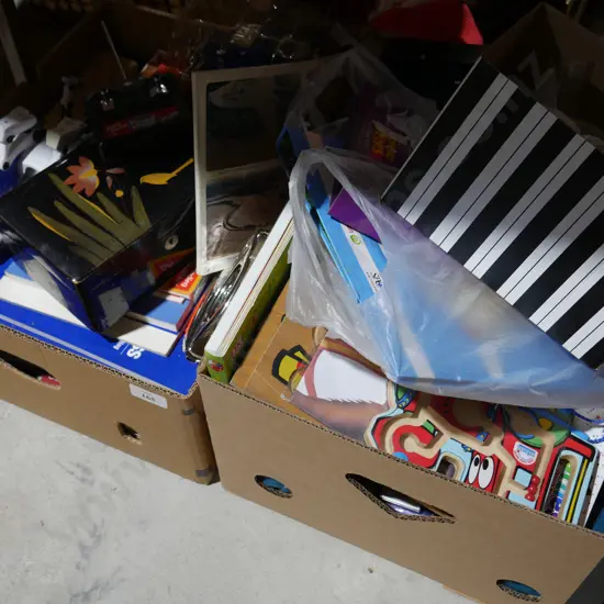 2 boxes children's books and toys