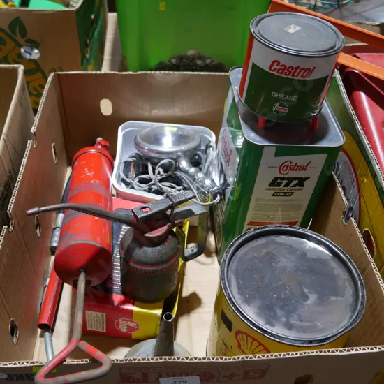 Grease. Oil cans ect