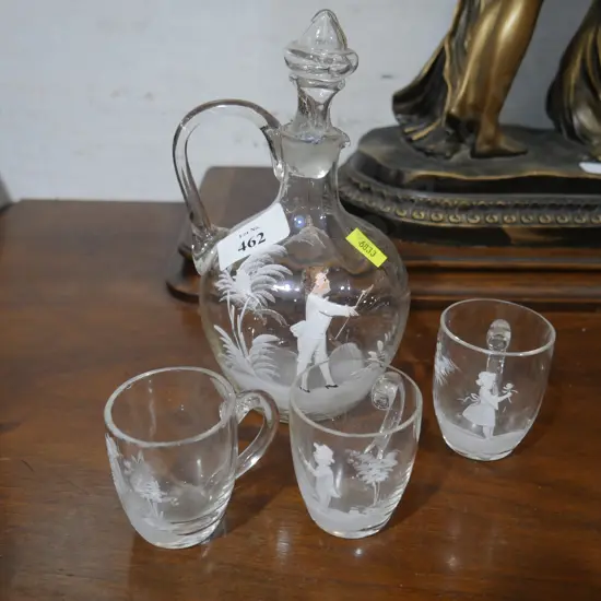Mary Gregory decanter & 3 glasses