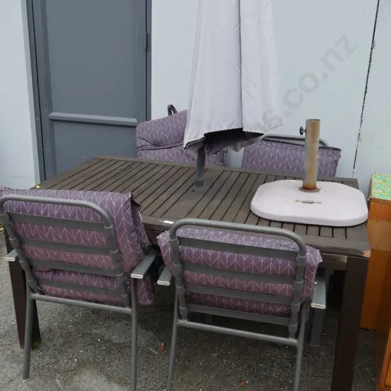 Outdoor table, 4 chairs, and umbrella