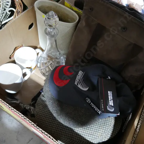 Hats, Crystal decanter etc