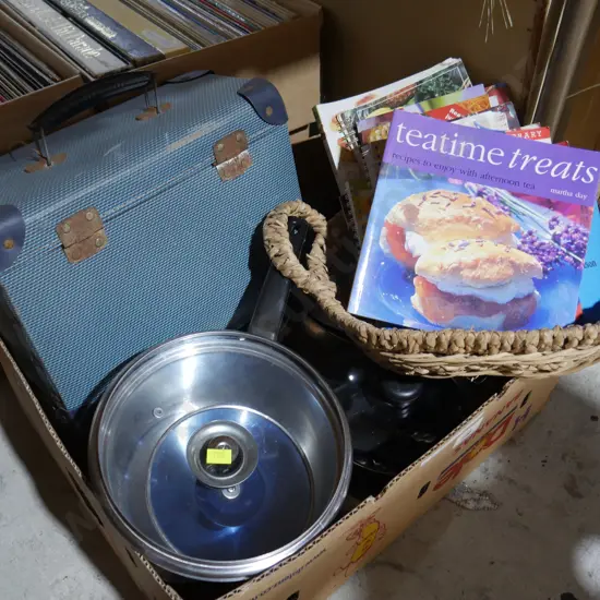 Pots, pans, cane basket etc