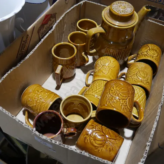 Crown Lynn honey glazed cups, coffee pot
