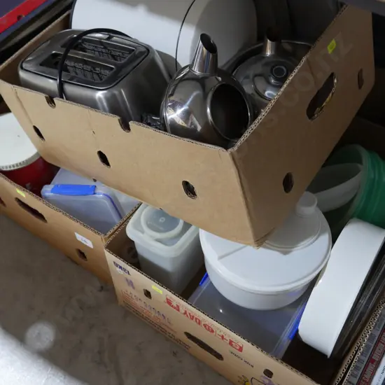 3 boxes kitchenware, sundries