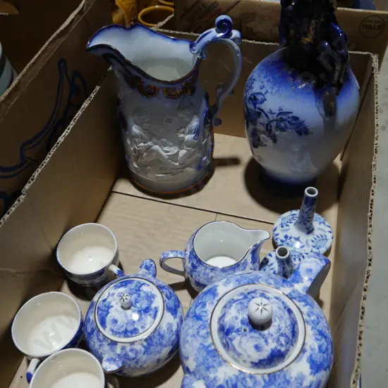 Blue and White teapot, jugs etc