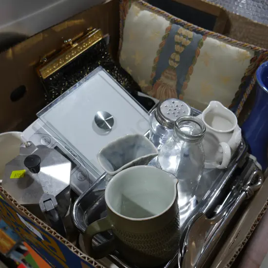 Coffee pot, Crown Lynn vase, purses etcl