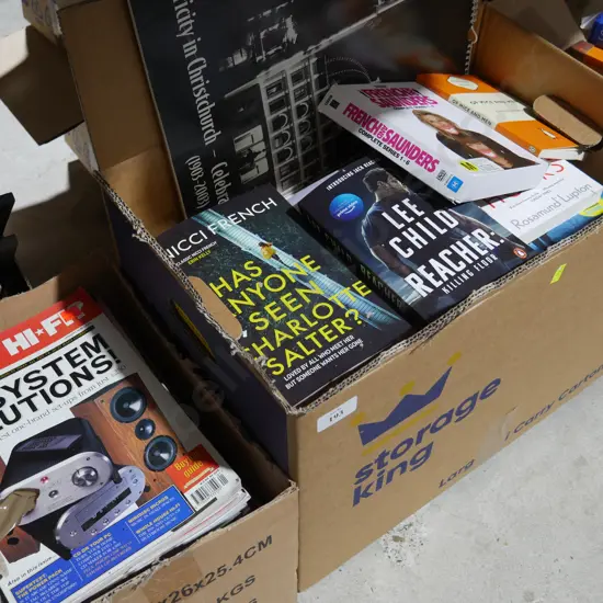 2 boxes, modern paperbacks, magazines