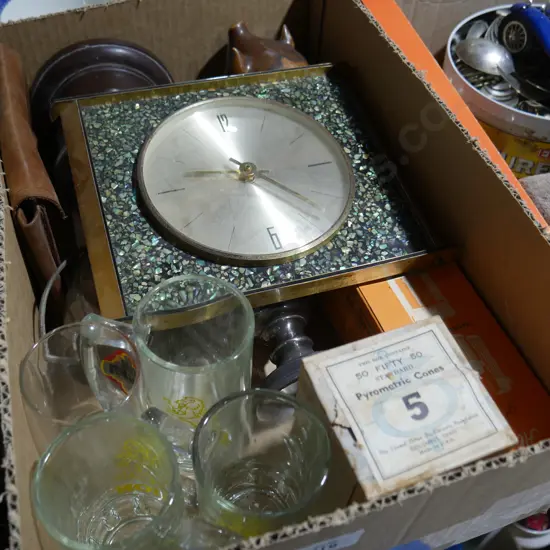 Pig money box, cups, Paua clock