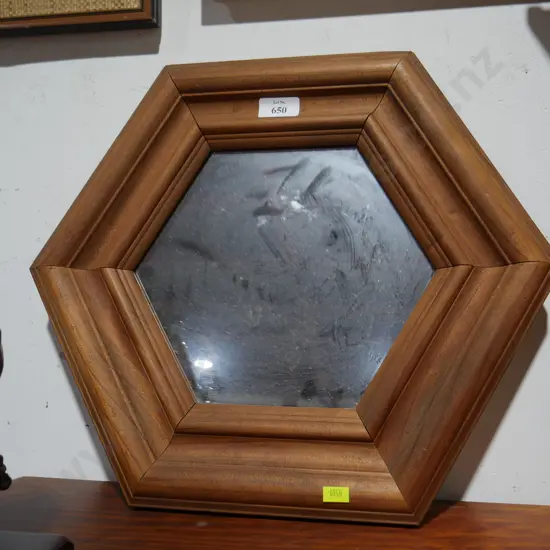 Hexagonal wood framed mirror