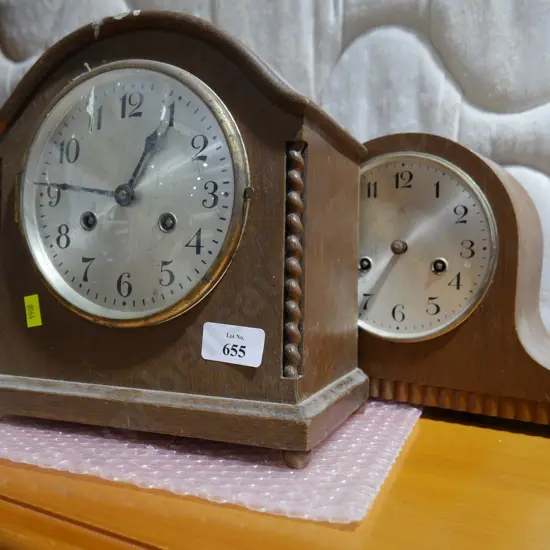 2 mantle clocks A/F and cane basket of clock parts