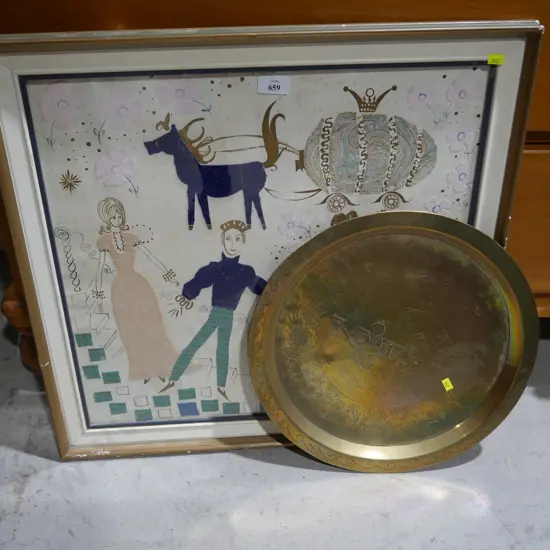 Brass tray and framed artwork