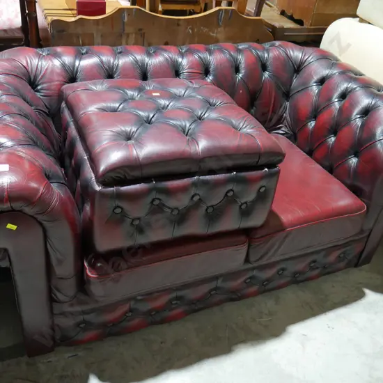 Deep buttoned leather chesterfield 2 seater settee and stool