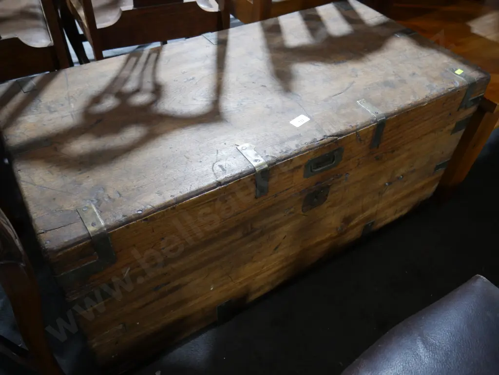 Brass bound wooden blanket box and contents Image 1++