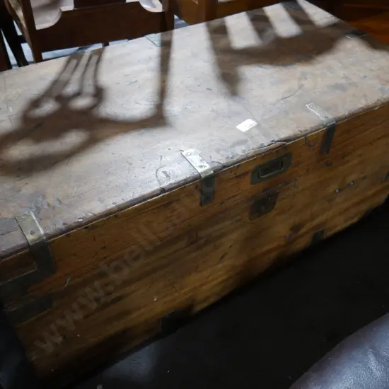 Brass bound wooden blanket box and contents
