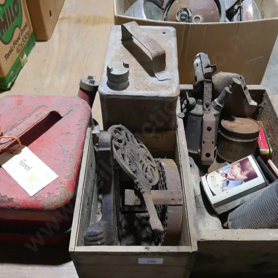 Petrol cans, blow lamp etc