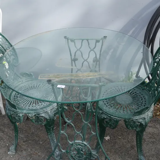 Singer base glass top table and 2 chairs