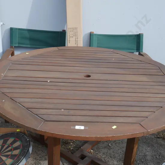 Wooden outdoor table, 2 chairs, and sun umbrella