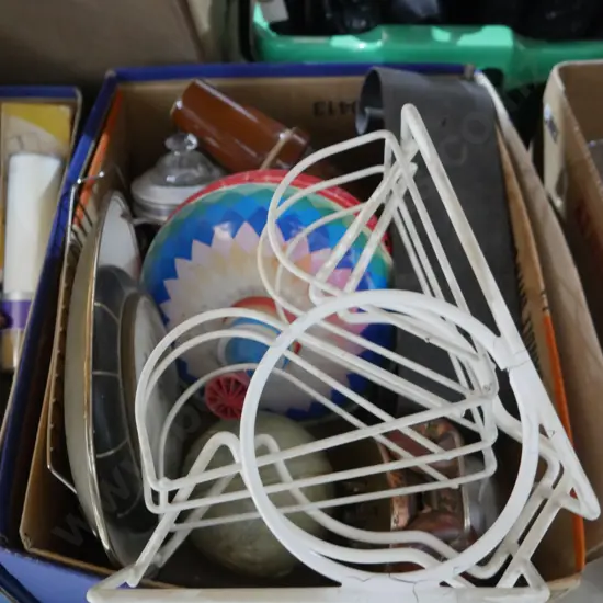 Three boxes of tins, toys etc