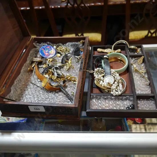 Wooden jewellery box and contents