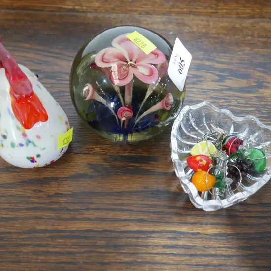 Glass paperweight and glass chicken etc