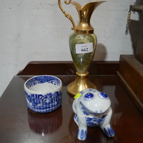Blue and white porcelain frog, brass vase
