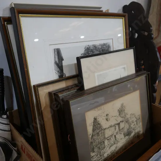 Framed etchings etc