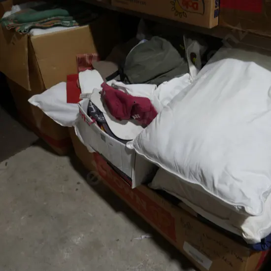4 boxes of bedding, hats etc