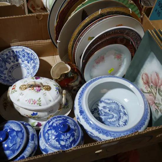 Blue and white china, display plates etc