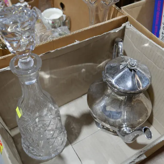Crystal decanter, plated teapot