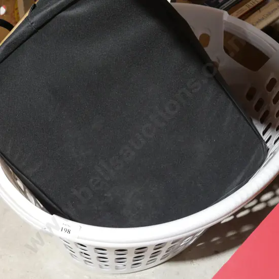 Clothes basket, coat hangers