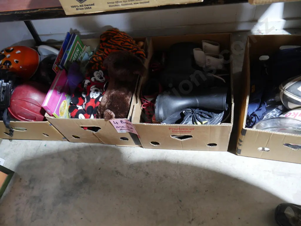4 boxes of helmets, shoes, rugby balls etc Image 1++