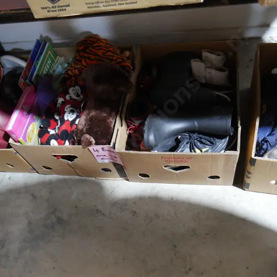 4 boxes of helmets, shoes, rugby balls etc