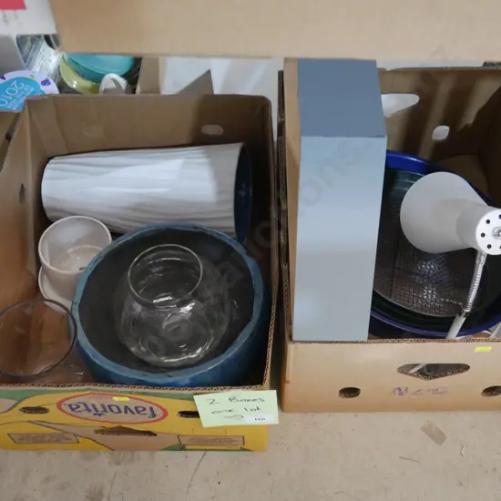 Two boxes vases, table lamp, display shelf