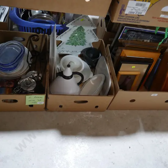 Two boxes plates, jugs, mortar and pestle