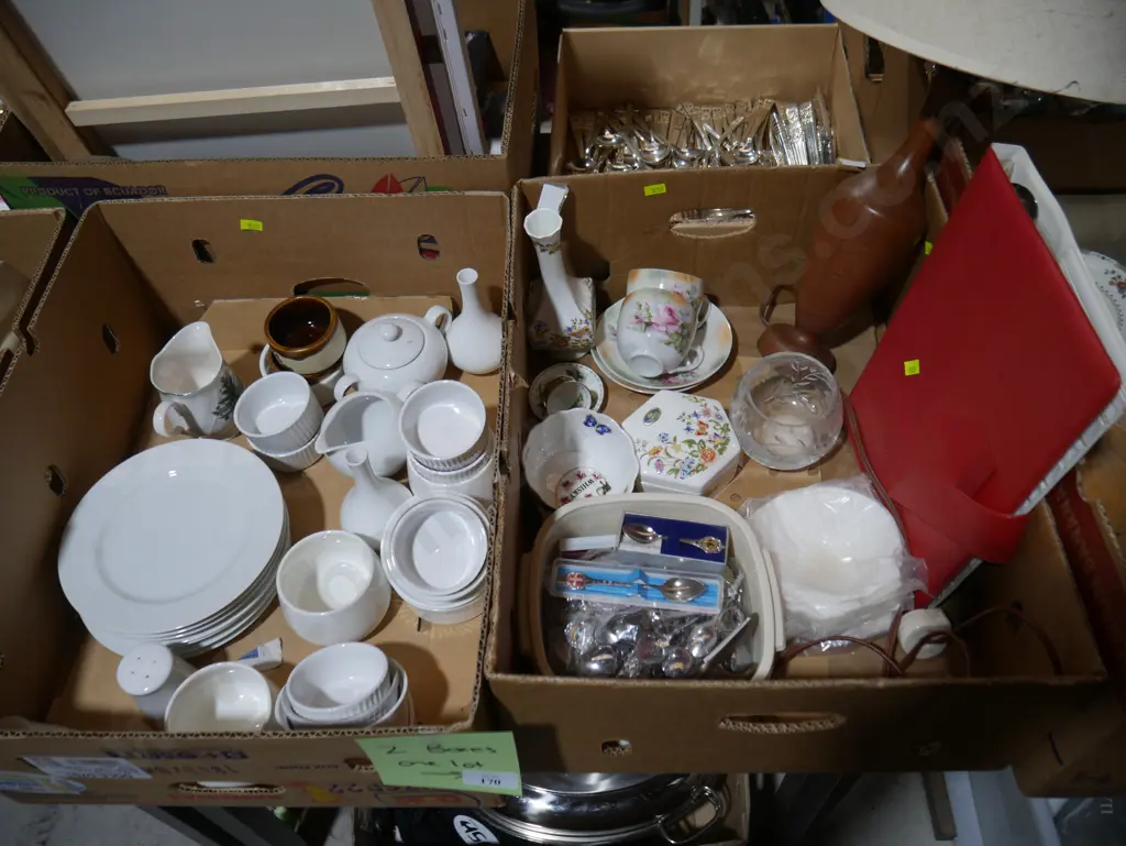 Two boxes plates, bowls, souvenir spoons etc Image 1++