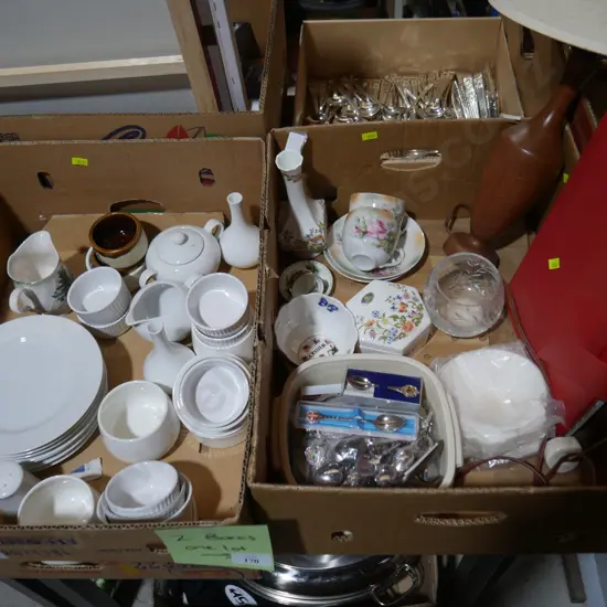Two boxes plates, bowls, souvenir spoons etc