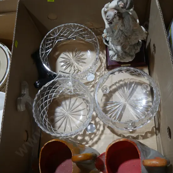 Crystal bowls, swan ornaments