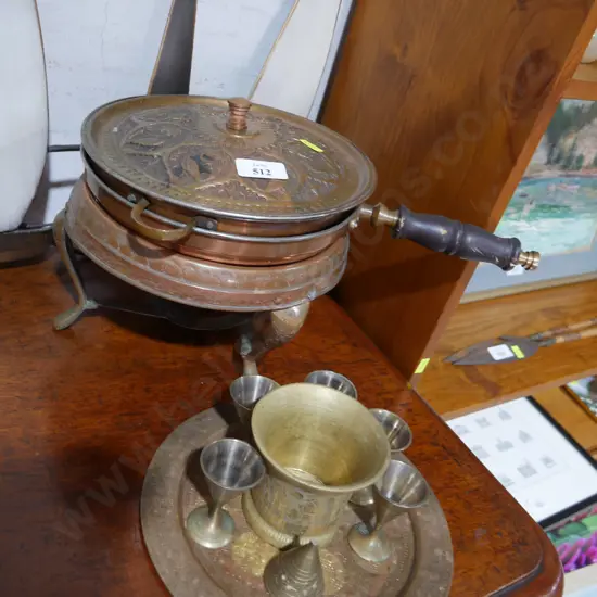 Brass tray with goblets and chafing dish