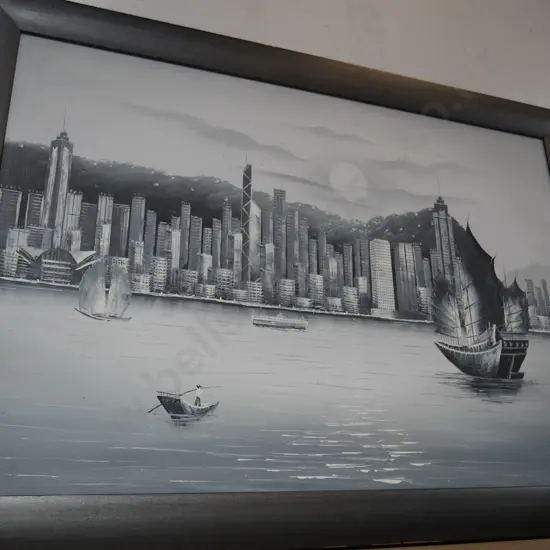 Framed city scene artwork