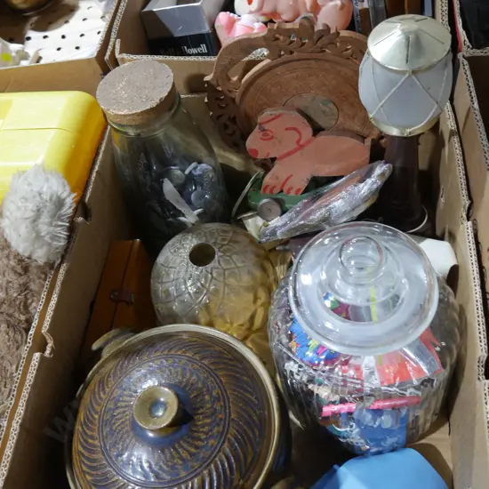 Casserole dish, jars of buttons etc