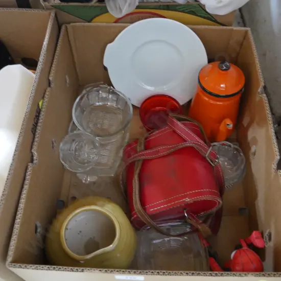 Glass dishes, enamel coffee pot etc