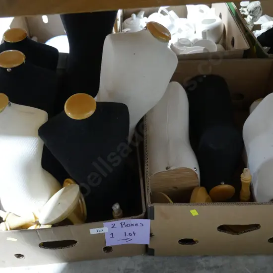 Two boxes small mannequin torsos and stands