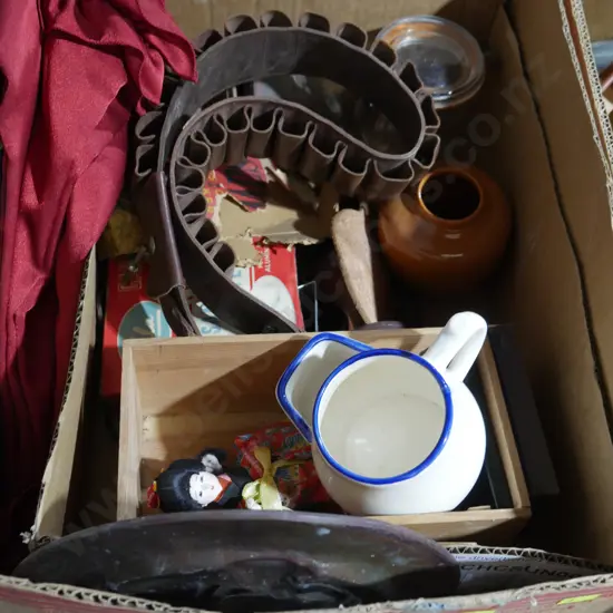 Ammo belt, Oriental doll, copper hanging plate etc