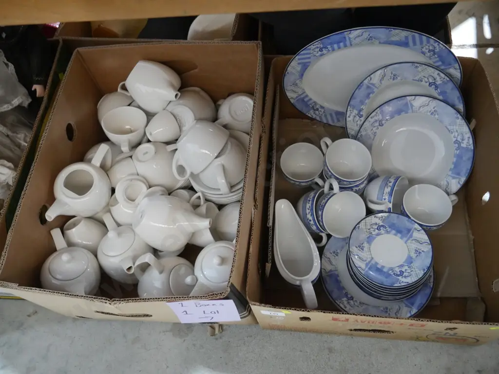 Two boxes blue and white china, teapots, cups and sauces etc Image 1++