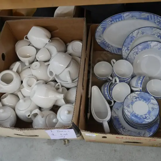 Two boxes blue and white china, teapots, cups and sauces etc