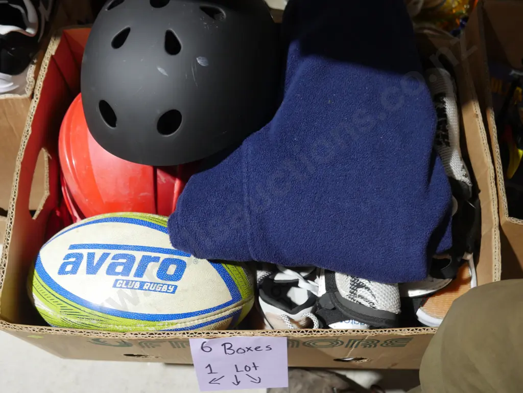 Six boxes of assorted sports gear and toys Image 1++
