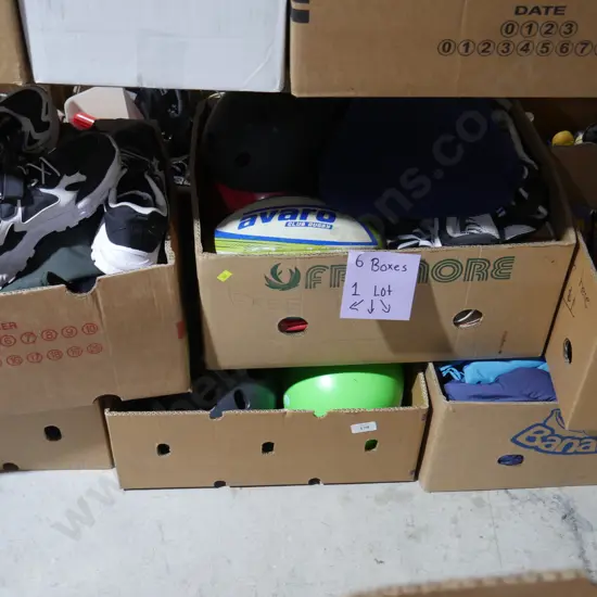 Six boxes of assorted sports gear and toys